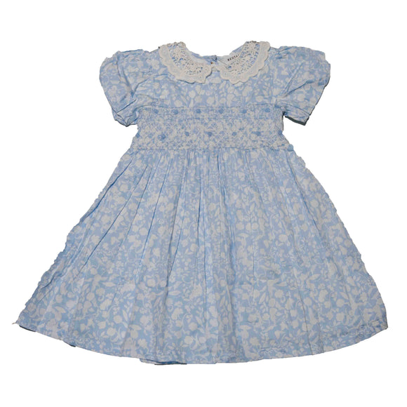 Blue Lace Neck Printed Dress Nawao.com