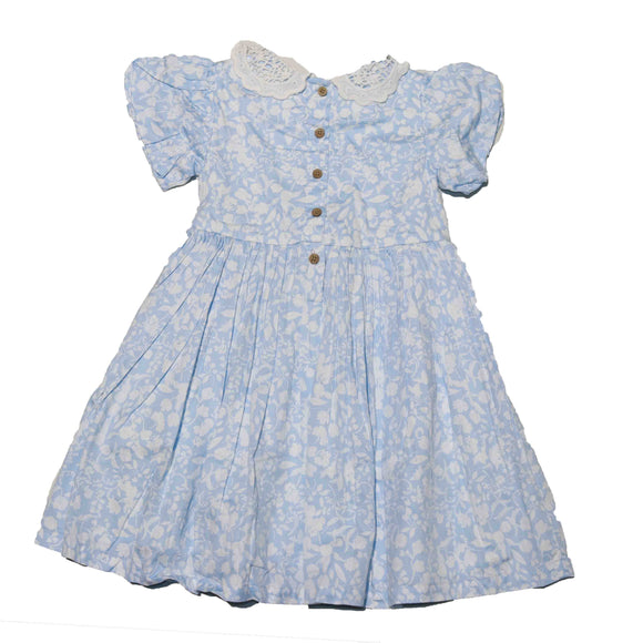 Blue Lace Neck Printed Dress Nawao.com