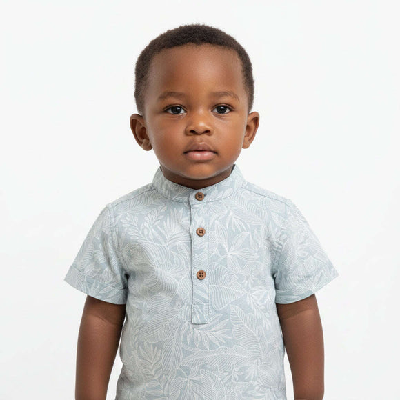 Blue Leaves Printed Mandarin Short Sleeve  Shirts Blue Nawao.com