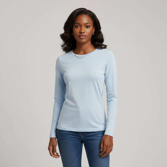 Blue Long Sleeve Crew Neck T Shirt Pale Blue Nawao.com