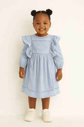 Blue Long Sleeve Frill Dress Blue Nawao.com