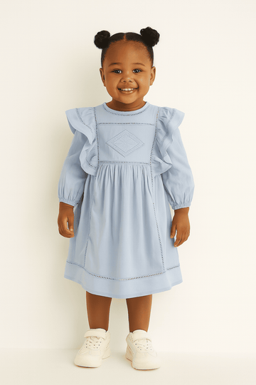 Blue Long Sleeve Frill Dress Blue Nawao.com