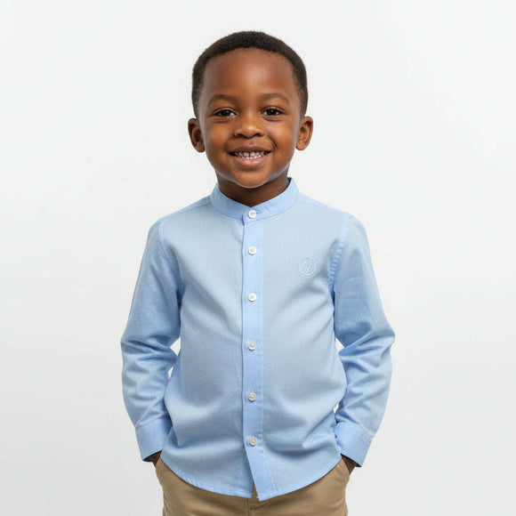 Blue Mandarin Collar Long Sleeve Shirt Blue Nawao.com