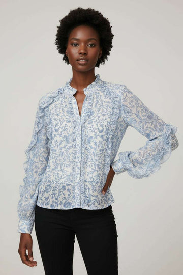 Blue Printed Chiffon Blouse Nawao.com