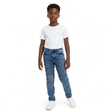 Blue Pullon Knit Denim Biker Knee Jeans Blue Nawao.com
