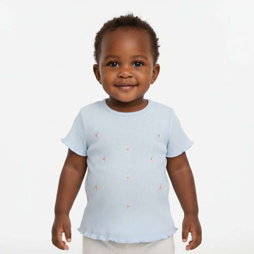 Blue Rib T Shirt With Embroidery Nawao.com