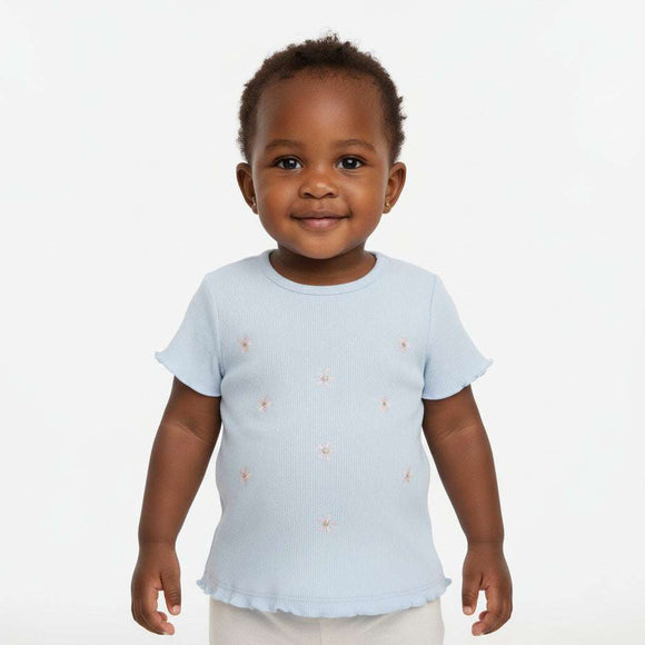 Blue Rib T Shirt With Embroidery Nawao.com