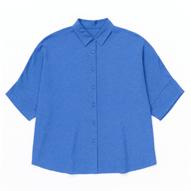 BLUE SHORT CUFF SLEEVE FRONT BUTTON DETAIL BLOUSE Nawao.com
