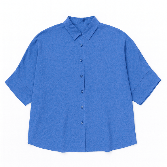 BLUE SHORT CUFF SLEEVE FRONT BUTTON DETAIL BLOUSE Nawao.com