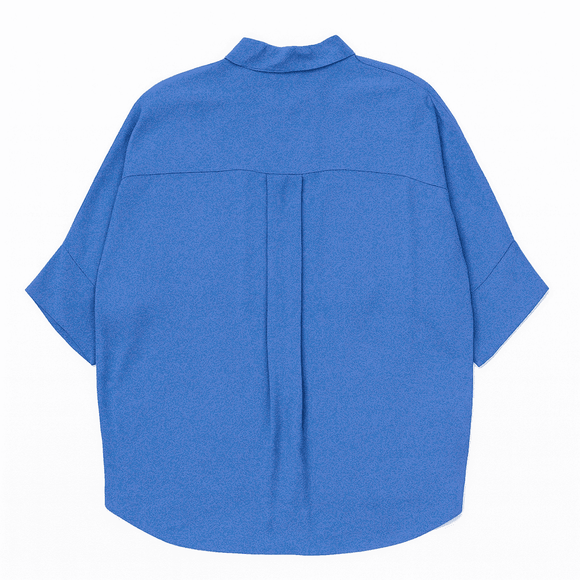 BLUE SHORT CUFF SLEEVE FRONT BUTTON DETAIL BLOUSE Nawao.com