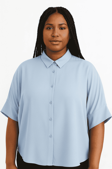 BLUE SHORT CUFF SLEEVE FRONT BUTTON DETAIL BLOUSE Nawao.com