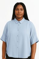 BLUE SHORT CUFF SLEEVE FRONT BUTTON DETAIL BLOUSE Nawao.com
