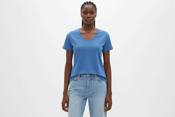 Blue  Short Sleeve V Neck T Shirt Nawao.com