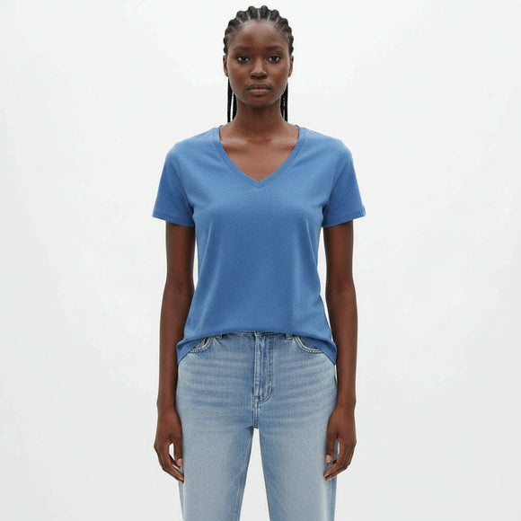Blue  Short Sleeve V Neck T Shirt Nawao.com