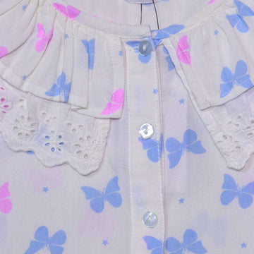 Blue Short Slv Butterfly Aop Lace Collar With Knot Nawao.com