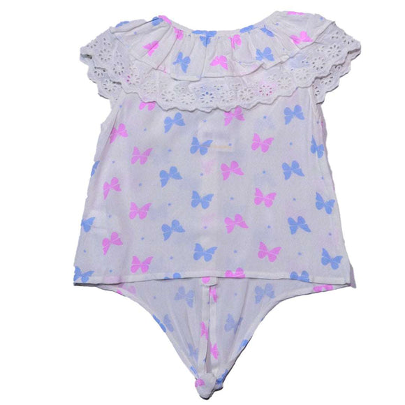 Blue Short Slv Butterfly Aop Lace Collar With Knot Nawao.com