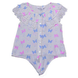 Blue Short Slv Butterfly Aop Lace Collar With Knot Nawao.com