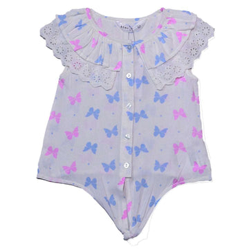 Blue Short Slv Butterfly Aop Lace Collar With Knot Nawao.com