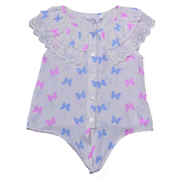 Blue Short Slv Butterfly Aop Lace Collar With Knot Nawao.com