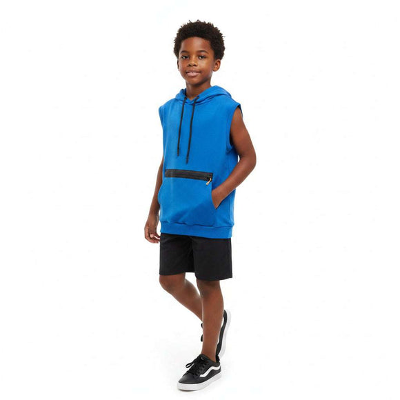 Blue Sleeveless Kangaroo Zip Pocket Hoody Tee Blue Nawao.com