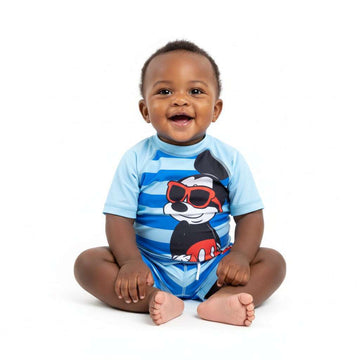 Blue Stripe Mickey Rash Guard T Shirt And Swim Shorts Set Blue Nawao.com