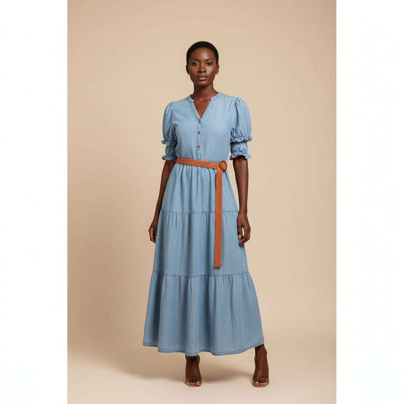 Blue Tencel  Belted Dress Blue Nawao.com