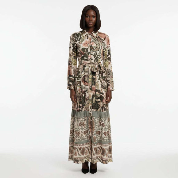 Border Print Tiered Crepe Dress Assorted Nawao.com