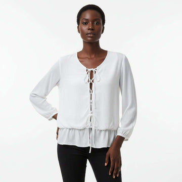 Bow Tie Front Longsleev Blouse Ivory Nawao.com