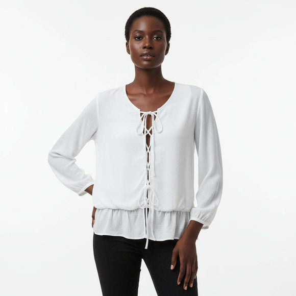 Bow Tie Front Longsleev Blouse Ivory Nawao.com