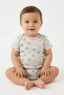 Boy Sky Blue 3 Pack Short Sleeve Drop Needle Interlock Fabric Bodysuits Ecru Nawao.com