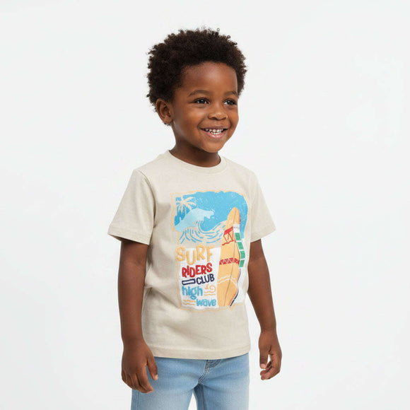 Boys 2-8 Years Beige Surf Riders Club Short Sleeve Tshirt Beige Nawao.com