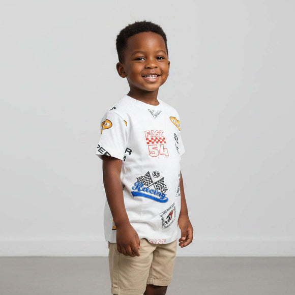 Boys 2-8 Years White All Over Print Short Sleeve Tshirt White Nawao.com