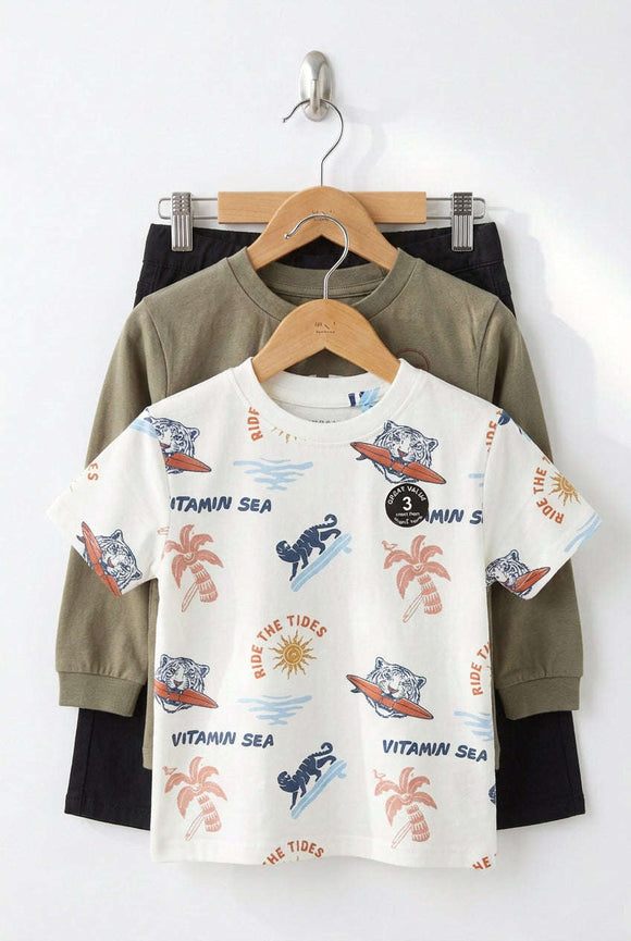Boys Junior 3 Pcs Set  2 T Shirt   1 Bottom  Ivory Nawao.com