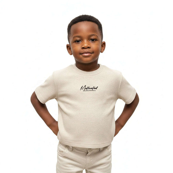 Boys Junior Beige Jaquard With  Embroidered T Shirt Beige Nawao.com