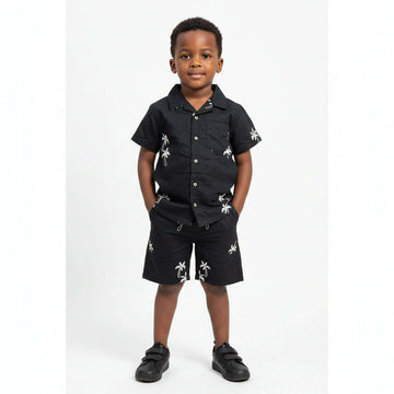 Boys Junior Black Embroidered S S Shirt   Shor Set Black Nawao.com