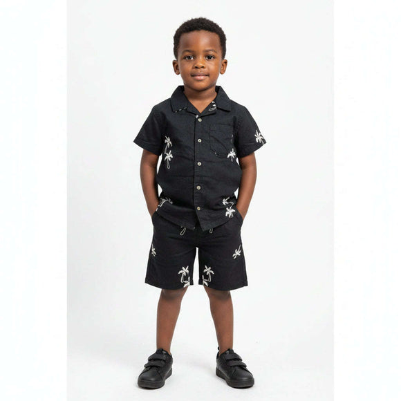 Boys Junior Black Embroidered S S Shirt   Shor Set Black Nawao.com