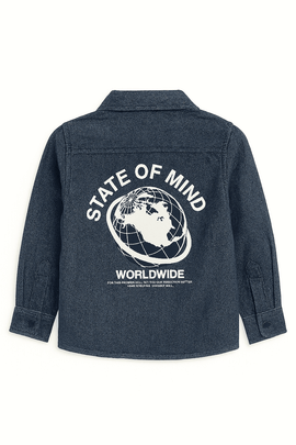 Boys Junior Blue Denim Shirt With Front And Back Print Nawao.com