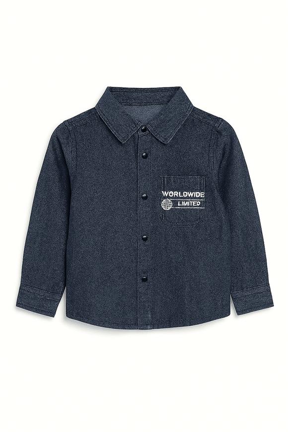 Boys Junior Blue Denim Shirt With Front And Back Print Nawao.com