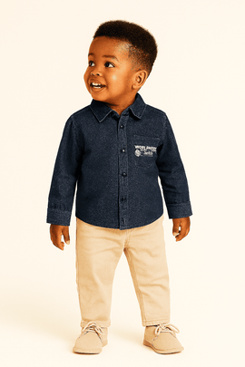 Boys Junior Blue Denim Shirt With Front And Back Print Nawao.com