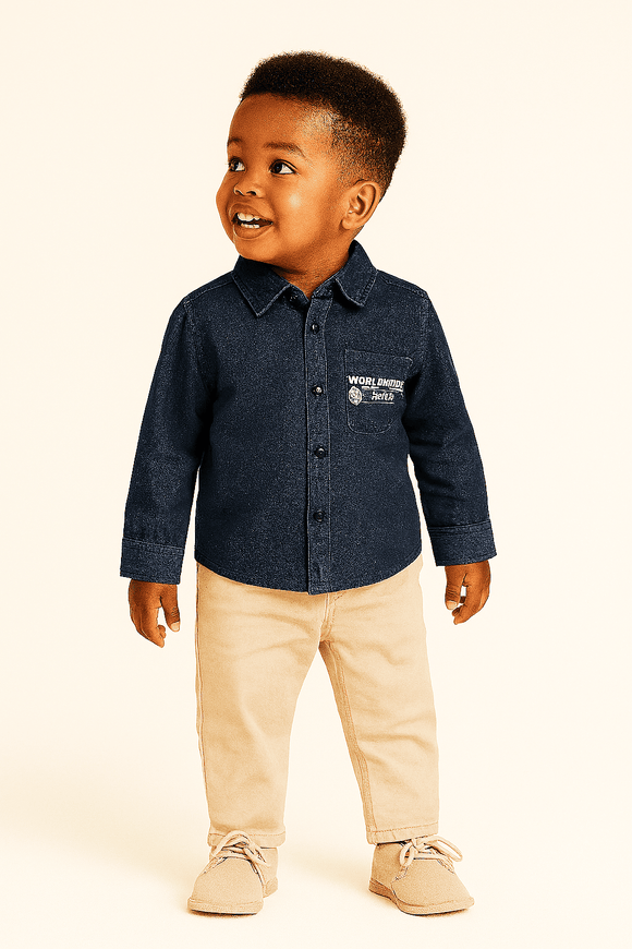 Boys Junior Blue Denim Shirt With Front And Back Print Nawao.com