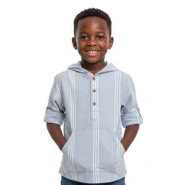 Boys Junior Blue Striped With Hooded Shirt Blue Nawao.com