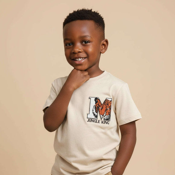 Boys Junior Chenille Embroidery T Shirt  Beige Nawao.com