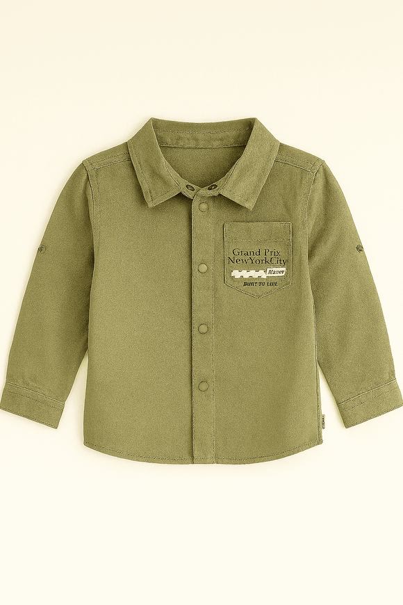 Boys Junior Green Denim Shirt With Front And Back Print Nawao.com