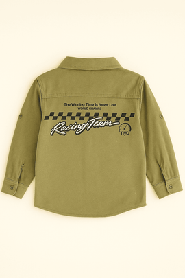 Boys Junior Green Denim Shirt With Front And Back Print Nawao.com