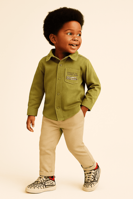 Boys Junior Green Denim Shirt With Front And Back Print Nawao.com