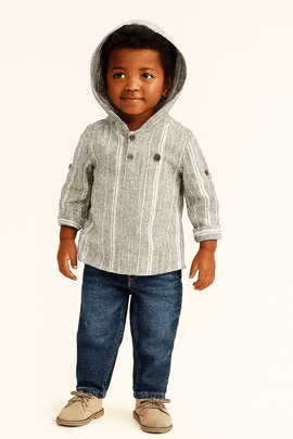 Boys Junior Grey Striped With Hooded Shirt Nawao.com