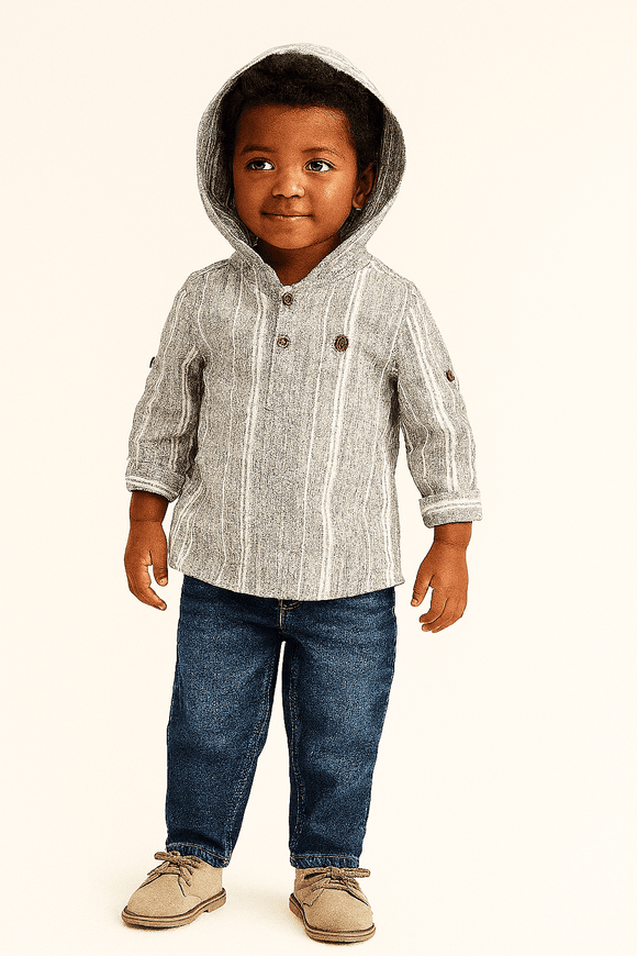 Boys Junior Grey Striped With Hooded Shirt Nawao.com