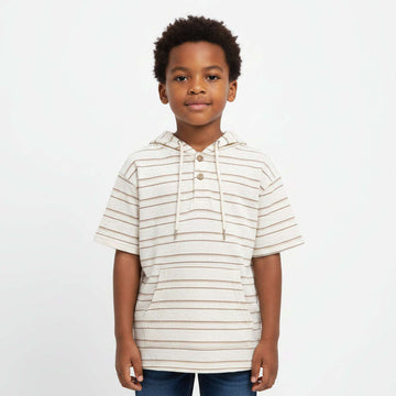 Boys Junior Ivory   Brown Stripe Hooded T Shirt  Ivory Nawao.com