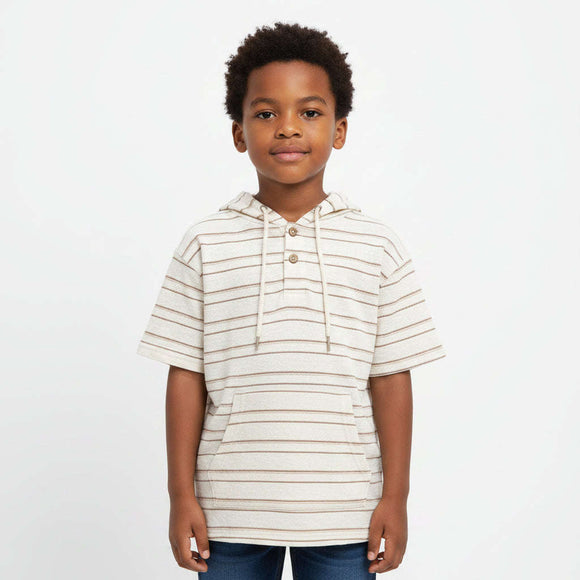 Boys Junior Ivory   Brown Stripe Hooded T Shirt  Ivory Nawao.com