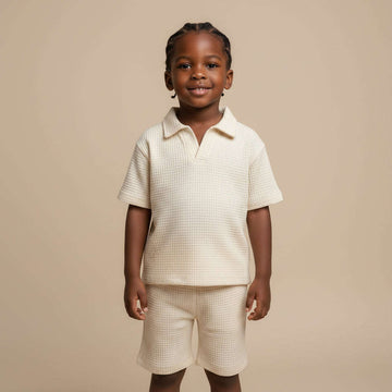 Boys Junior Ivory Camp Collar Polo With Short Set Ivory Nawao.com